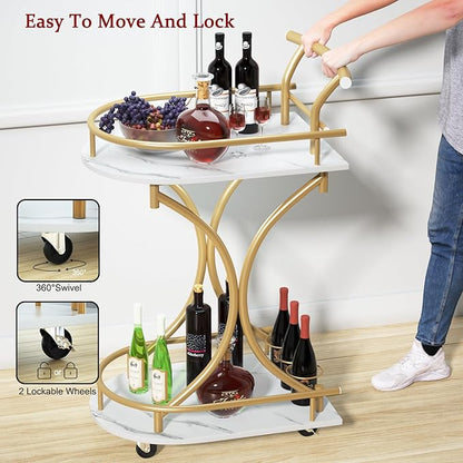 Bar Cart with Wheels Handle Rolling Home Bar Serving Carts 2 Tier Curved Anti-Collision Storage Small Trolley with Wine Rack and Glass Holder for Kitchen Dining Room Living Room Gold