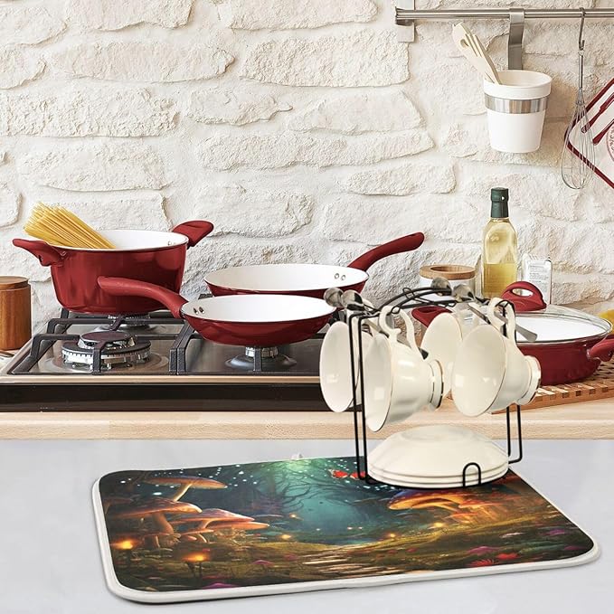 Beautiful Fairyland Road to Forest Big Mushroom Microfiber Dish Drying Kitchen Countertop Table Protector Multipurpose Counter Rack Sink Drainer Pad (16" x 18")