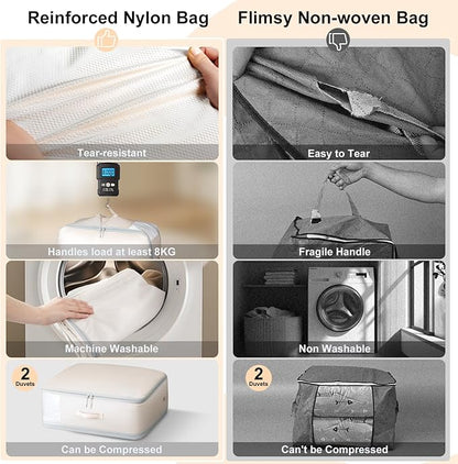 DIMJ Comforter Storage Bag - Large Capacity Ultra Space Saving Self Compression Organize for Duvet, Pillow, Bedding, Blanket Storage Organizer Nylon Compression Bags, Sheet Storage, Beige, 4 Pack