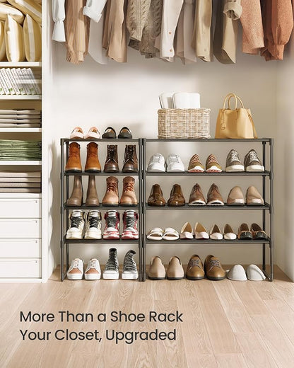 SONGMICS Shoe Rack, 4-Tier Shoe Organizer, Metal Storage Shelf, Upright or Upside Down, for 5-10 Pairs, Stackable, for Entryway, 11.8 x 16.7 x 28.2 Inches, Black ULSA004B01