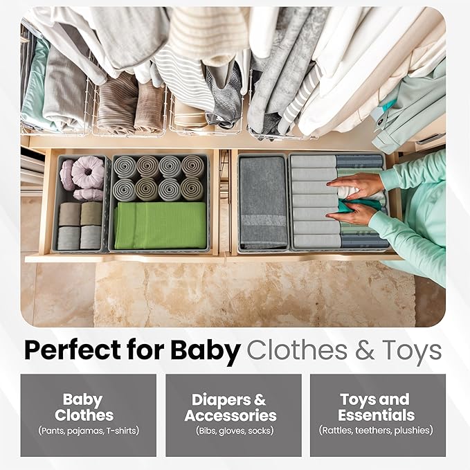 Drawer Organizer – 12 Pack Foldable Gray Fabric Storage Bins with White Airplanes | Baby Clothes, Diapers, Socks & Toys Organizer for Nursery Dresser, Closet & Bedroom Drawers