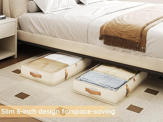 Vailando Under Bed Storage Containers, 6 Inches Tall 60L Underbed Storage Bins with Leather Handles and Sidewalls, Closet Organizer for Clothes, Blankets, Seasonal Items, Beige with Brown, 2-Pack