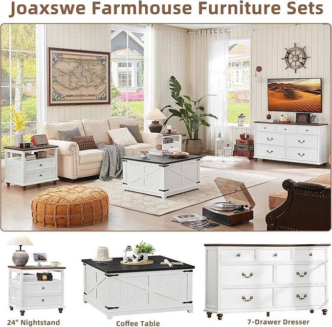 Joaxswe 24" Wide Farmhouse Night Stand,Large End Table with 2 Drawers & Metal Handle,Wood Dresser for Bedroom, White Bed Side Table Chest of Drawers Cabinet,Nightstand for Living Room,Closet