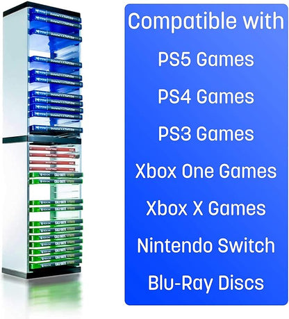 ADZ Game Storage Tower – Stores 36 Games or Blu-Ray Disks – Game Holder Rack for PS4, PS5, Xbox One, Xbox Series X/S Games and Blu-Ray Discs (White)