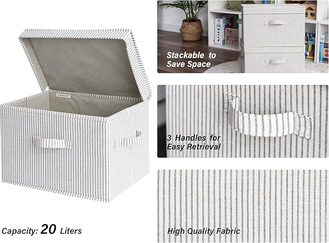 StorageWorks Fabric Storage Bins with Lid, Decorative Storage Boxes for Shelves, Stackable Closet Organizer Basket with Handles, Jumbo, Gray and White Stripes, 2-Pack