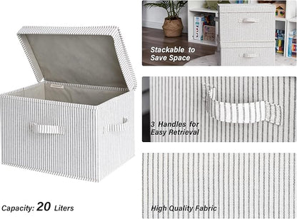 StorageWorks Fabric Storage Bins with Lid, Decorative Storage Boxes for Shelves, Stackable Closet Organizer Basket with Handles, Jumbo, Gray and White Stripes, 2-Pack
