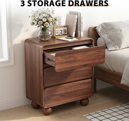 AVZEAR Wooden Night Stand wth 3 Drawer Dresser Mid Century Modern End Table Chest of Drawers, Solid Wood Legs & Curved Profile Design, Farmhouse Side Table for Living Room, Walnut