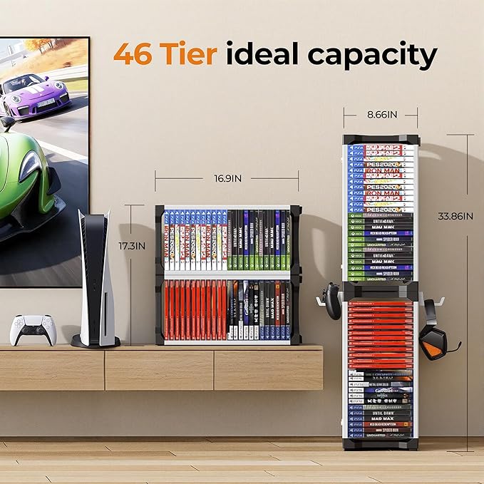 White Video Game Storage Tower 46 PCS - Universal Organizer for PS5 PS4 PS3 PS2 PSP, Xbox Series X/S One 360, Wii Wii U, Switch Switch 2 | Holds Game Cases, Controllers & Headphones