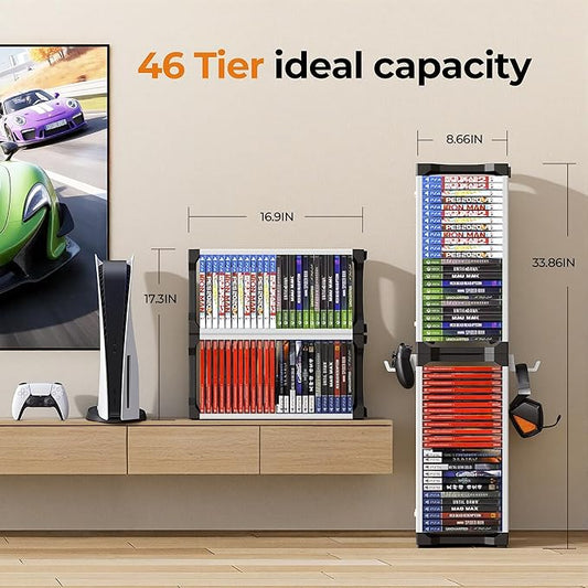 White Video Game Storage Tower 46 PCS - Universal Organizer for PS5 PS4 PS3 PS2 PSP, Xbox Series X/S One 360, Wii Wii U, Switch Switch 2 | Holds Game Cases, Controllers & Headphones