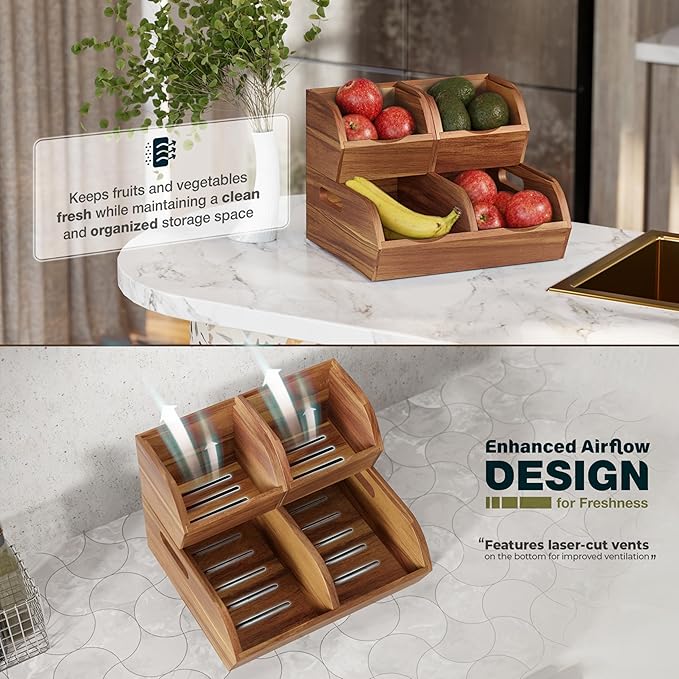 Acacia Wood Pantry Storage Bins - Stackable Open Front Kitchen Baskets for Potato, Onion, Fruit, Vegetable, and Bread Storage, Wood Organizer for Pantry (Warm Acacia)