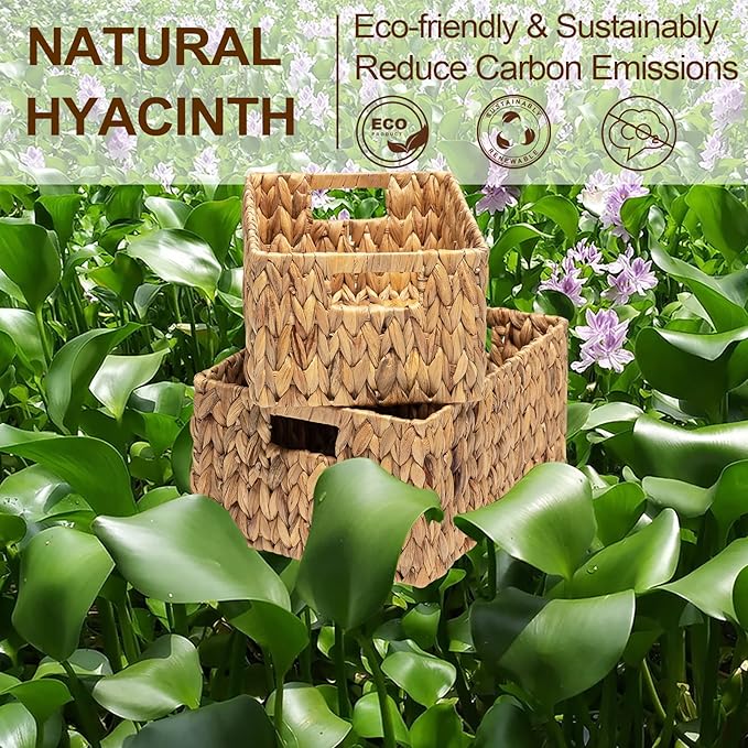 FairyHaus Wicker Baskets 15x11x7 & 13.4x9.5x6.5, 2 Pack Handmade Big Wicker Storage Basket with Handles, Natural Water Hyacinth Wicker Baskets for Storage Shelves Organizing, Rectangle Wicker Basket