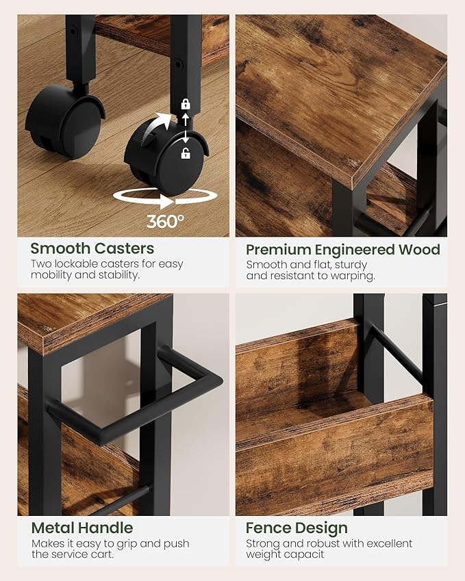 4-Tier Slim Storage Cart, 7.1'' Kitchen Serving Trolley, Slim Rolling Cart with Handle and Guard Rails, Slim Cabinet for Small Spaces, for Dining Room, Rustic Brown and Black TTC02BF