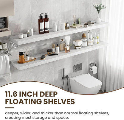 72 inch Floating Shelves for Wall, 12 Inch Deep Floating Shelf, Hanging Shelf with Invisible Brackets, Rustic Wooden Wall Shelves for Bathroom, Bedroom, Living Room,Farmhouse Set of 1,White