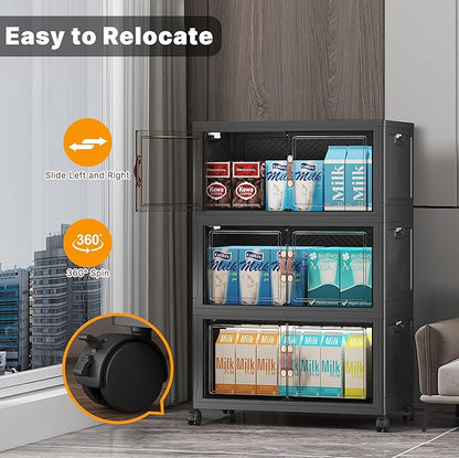 Extra Large Stackable Storage Bins with Lids & Wheels & Door,Foldable Collapsible Closet Organizers, Plastic containers drawers for bedroom Dorm (Dark-55qt, 6Pack with 2 top lids)