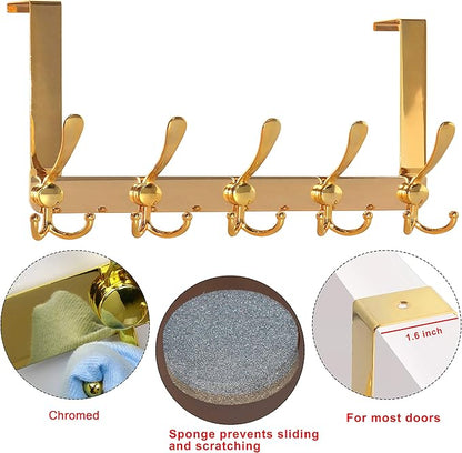 Dseap Over The Door Hook Hanger - Fits 1 3/8" to 1 3/4" Standard Doors | 5 Tri Hooks Heavy Duty Towel/Coat Rack | Door Organizer for Clothes, Jackets, Hats, Towels, Gold, Pack of 2