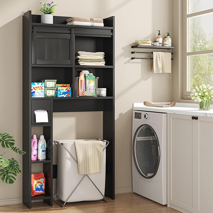 Semoic Over The Toilet Storage Cabinet, Over The Toilet Shelf with Sliding Door & Toilet Paper Holder Stand, Bathroom Above Toilet Storage, Home Space-Saving Toilet Rack for Bathroom, Restroom, Black