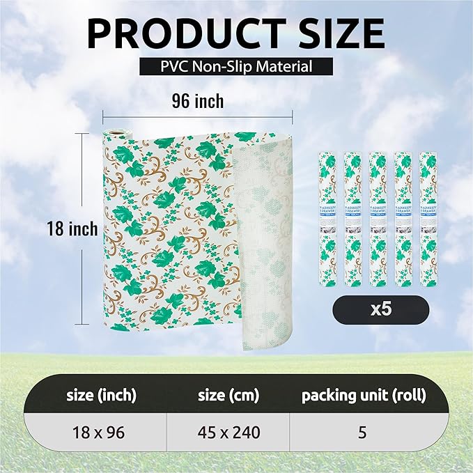 18X96 Inch Shelf Liner for Kitchen Cabinets, PVC Drawer Liner for Dresser Non-Slip Bathroom, Non-Adhesive Cabinet Liner Washable (Green Floral)(5 Roll)