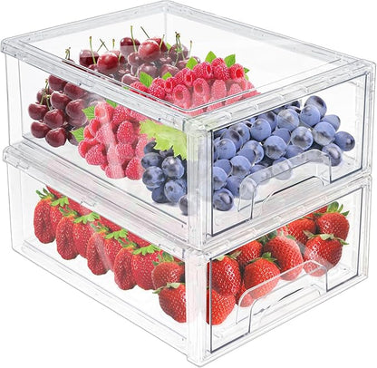 MANO 2Pack Clear Fridge Drawers Pull Out Stackable Refrigerator Drawer Organizer Bins Pantry Storage Box Plastic Food Containers for Kitchen Bathroom Office Closet (Large)