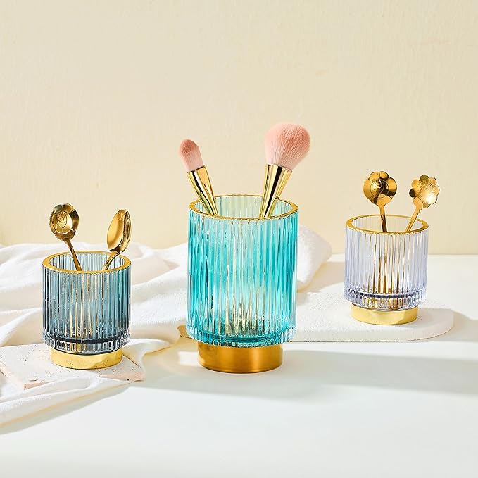 LEICURACE Makeup Brush Holder Organizer,Toothbrush Holders,Desk Pen Pencil Holder,Multifunctional Vintage Glass Brush Cup(A3-30-US)