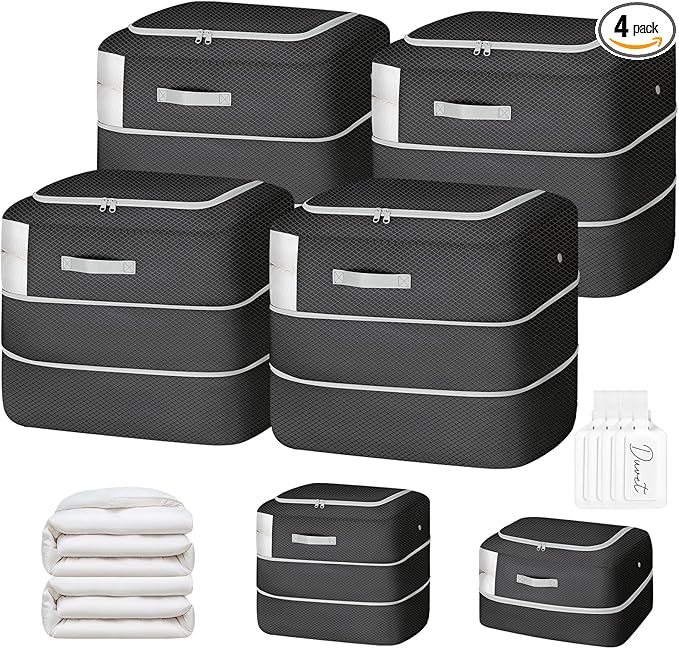 Easortm Comforter Storage Bag - 110L Large Capacity Blanket Storage Bags 2-Layer Ultra Space Saving Self Compression Organizer, Washable Compression Bags for Storage Comforter Blanket, 4-Pack, Black
