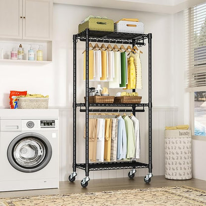 FUTASSI P3 Mini Rolling Clothes Rack, Clothing Racks for Hanging Clothes, Heavy Duty Garment Rack with Wheels, Freestanding Portable Closet Rack 23.6'' W x 14'' D x 78.5'' H, Max Load 430 Lbs, Black