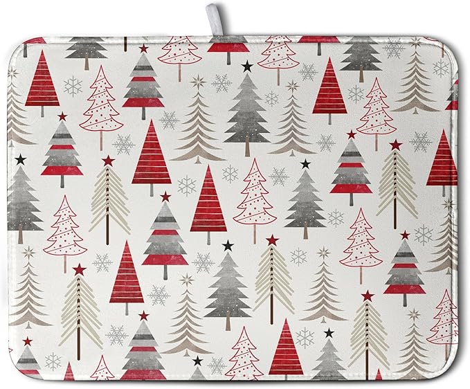 Wnoesat Christmas Dish Drying Mats for Kitchen Counter Xmas Tree Drying Mat Winter Holiday Dishes Drying Pad Microfiber Absorbent Dish Draining Mat Washable Dish Drainer Rack Mat 18x24 Inch
