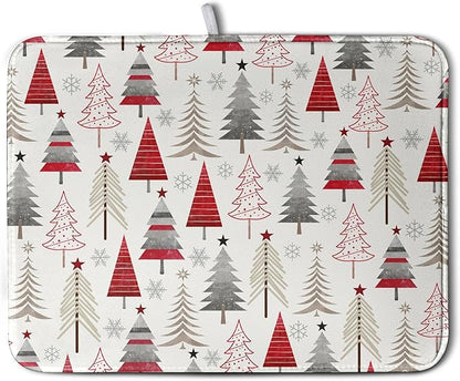 Wnoesat Christmas Dish Drying Mats for Kitchen Counter Xmas Tree Drying Mat Winter Holiday Dishes Drying Pad Microfiber Absorbent Dish Draining Mat Washable Dish Drainer Rack Mat 18x24 Inch
