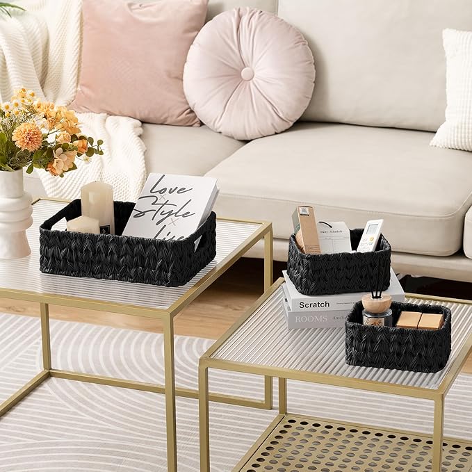 GRANNY SAYS Wicker Baskets for Organizing, Wicker Storage Basket for Shlef, Woven Baskets Oraganizer, Waterproof Vanity Basket for Towel, Home Organization, Black, 3-Pack