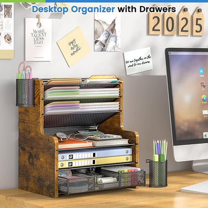 6-Tier Mesh Desk Organizer with Drawer, Wooden Office Organizer for Papers, Folders & Office Supplies - Sturdy Desktop File Holder with 2 Pen Holders - Space Saving Home Office Accessories