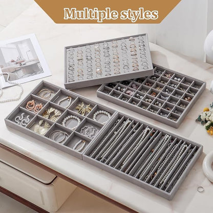 KATISYIO Large Velvet Jewelry Tray 2 Pack Stackable Jewelry Display Drawer Inserts Trays Organizer for Earring Bracelet Necklace Ring (Gray, Ring 81 Slots)