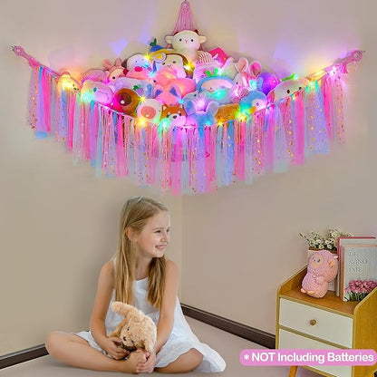 FIOBEE Stuffed Animals Net or Hammock with LED Light, Toy Hammock Hanging Stuffed Animals Storage Organizer Holder Room Décor for Nursery Kids Bedroom