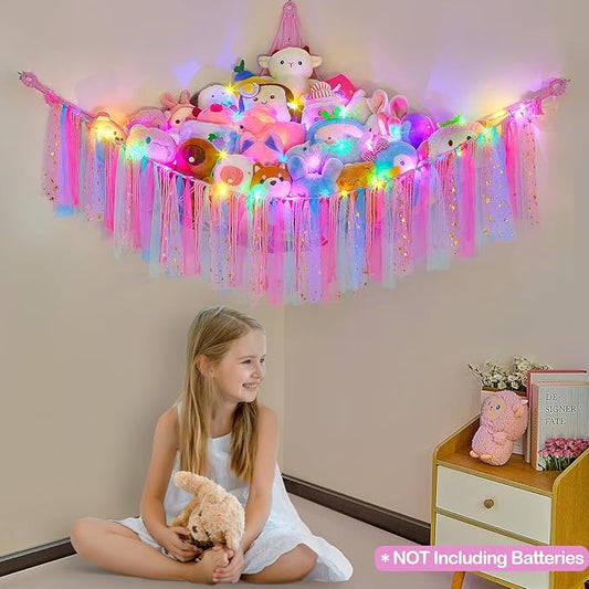FIOBEE Stuffed Animals Net or Hammock with LED Light, Toy Hammock Hanging Stuffed Animals Storage Organizer Holder Room Décor for Nursery Kids Bedroom