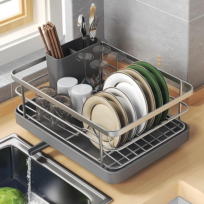 Kitchen Dish Drying Rack Self-Draining Adjustable 360° Rotating Drain Pipe Stainless Steel Large Capacity Tidy Countertop Easy Clean Home Kitchen Organization Family Use (White Chopstick Holder)