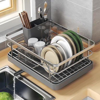 Kitchen Dish Drying Rack Self-Draining Adjustable 360° Rotating Drain Pipe Stainless Steel Large Capacity Tidy Countertop Easy Clean Home Kitchen Organization Family Use (White Chopstick Holder)