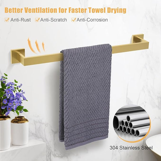 TURS 10-Piece Bathroom Hardware Accessories Set Brushed Gold Towel Bar Holder Set SUS304 Stainless Steel Towel Racks for Bathroom Wall Mounted, 23.6-Inch