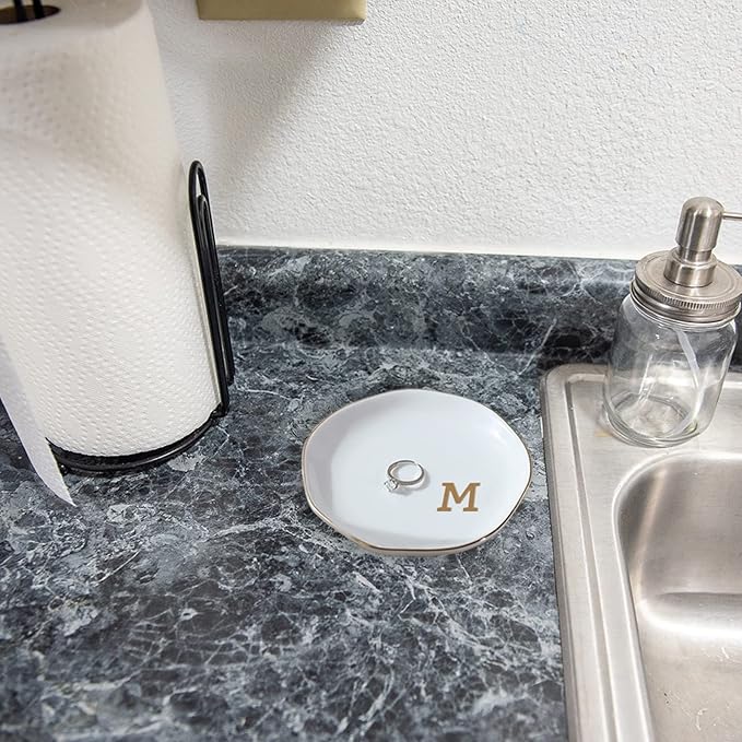 VINCOMIC Initials Ring Dish Jewery Tray with Personalized M-Monogrammed Mother's Day Gifts Wedding Engagement for Women Friends sister,Ceramic White