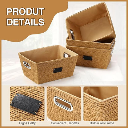 4 Pack 12 Inch Recycled Wicker Storage Basket with Labels and Handles Woven Storage Bins with Label Wicker Snack Basket Paper Rope Organizer Baskets Bins for Kitchen Office