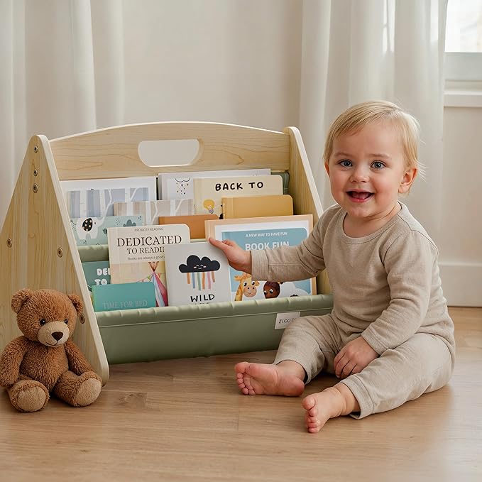 ZICOTO Decorative Wooden Bookshelf with Handle for Kids Rooms - Keeps Books Neatly Organized & Within Reach for Toddlers - Easy Install Montessori Book Shelf for Baby's Bedroom or Playroom Decor