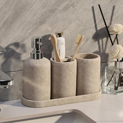 Bathroom Accessories Set, Bathroom Organizer Countertop, Soap Dispenser and Toothbrush Holder, Mouthwash Cup, Tray Set, Vanity Tray for Bathroom, 4 Pieces Modern Decor (Beige)