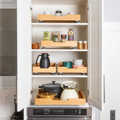 HOLDN’ STORAGE Bamboo Wooden Pull out Cabinet Organizer.14”W x 21”D - Requires At Least a 15.25:W x 21" D. Cabinet Opening. W/Lifetime Limited Warranty. Bamboo Tray and Heavy gauge metal rails.
