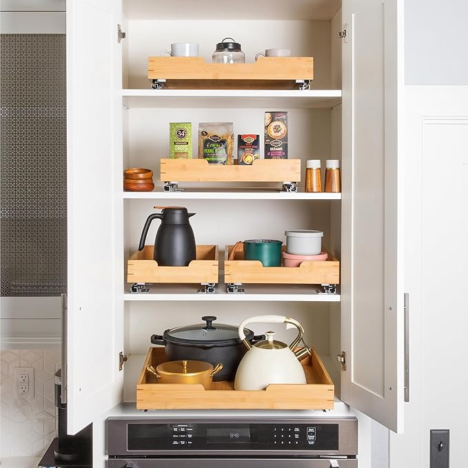 HOLDN’ STORAGE Bamboo Wooden Pull out Cabinet Organizer 11" W x 20" D - Requires At Least a 12.25" W x 21" D. Cabinet Opening. W/Lifetime Limited Warranty. Bamboo Tray and Heavy gauge metal rails.