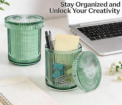 ESEHGS 2 Pack Glass Qtip Holder Dispenser Set - Bathroom Organizer for Cotton Swabs, Balls, Pads, Floss Picks - Clear Apothecary Jars for Vanity, Makeup Storage, Bathroom Accessories Decor (Green)
