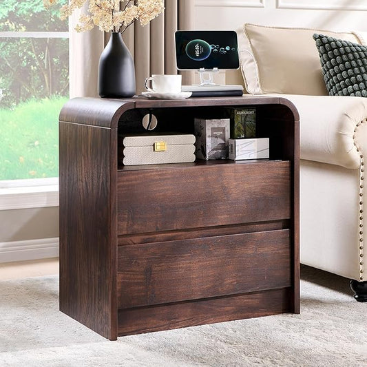 Aitjunz 25" Tall Modern Nightstand with Charging Station, 23.6'' Wide Wood Bedside Table w/2 Storage Drawers, Large Mid Century End Table for Bedroom, Living Room, Curved Profile Design, Brown