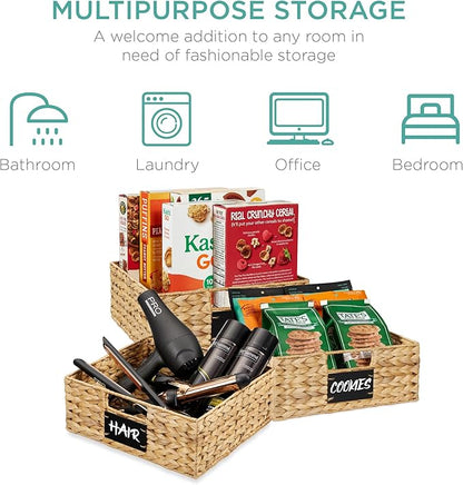 Best Choice Products Set of 4 13x12in Water Hyacinth Pantry Baskets, Woven Organizers w/Chalkboard Label, Chalk Marker - Natural