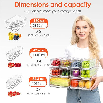 SMRCAD Fridge Organizers and Storage, 10 Pack Clear Freezer Organizer Bins with Lids for Kitchen, Pantry, Refrigerator, Food, Fruit, Vegetable Storage
