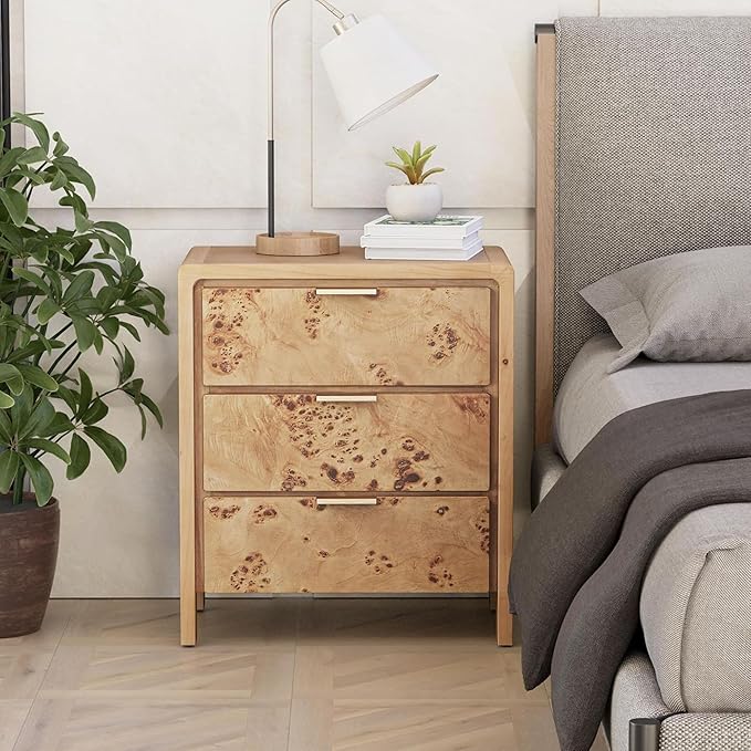 Burl Finish 3 Drawer Nightstand, Wood Rustic Farmhouse Dresser, Vintage Accent Storage Bedside Table for Bedroom Entryway, Fully Assembled, Natural