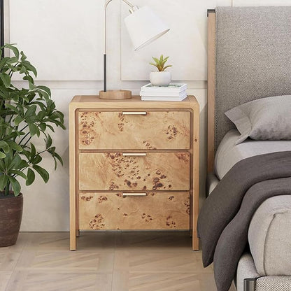 Burl Finish 3 Drawer Nightstand, Wood Rustic Farmhouse Dresser, Vintage Accent Storage Bedside Table for Bedroom Entryway, Fully Assembled, Natural