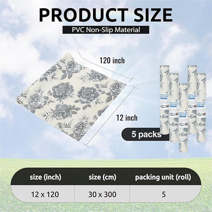 12X120 Inch Shelf Liner for Kitchen Cabinets, PVC Drawer Liner for Dresser Non-Slip Bathroom, Non-Adhesive Cabinet Liner Washable (Black Flower)(5 Roll)