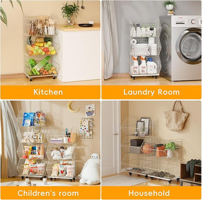 Standing Metal Shelving Unit, Removable Wire Storage Basket with Wheels, Folding Shoe Racks, Clothing Sweaters Shoes Handbags Organizer for Kitchen Garage Pantry Porch (4-Tier with Base)
