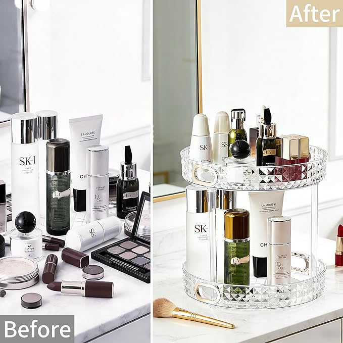 HsaExtriva 360 Rotating Makeup Organizer for Vanity, 2 Tier Diamond Patterned Perfume Organizer for Women, Large Capacity Skincare Lotion Cosmetic Storage Dresser Bathroom Countertop Lazy Susan, Clear